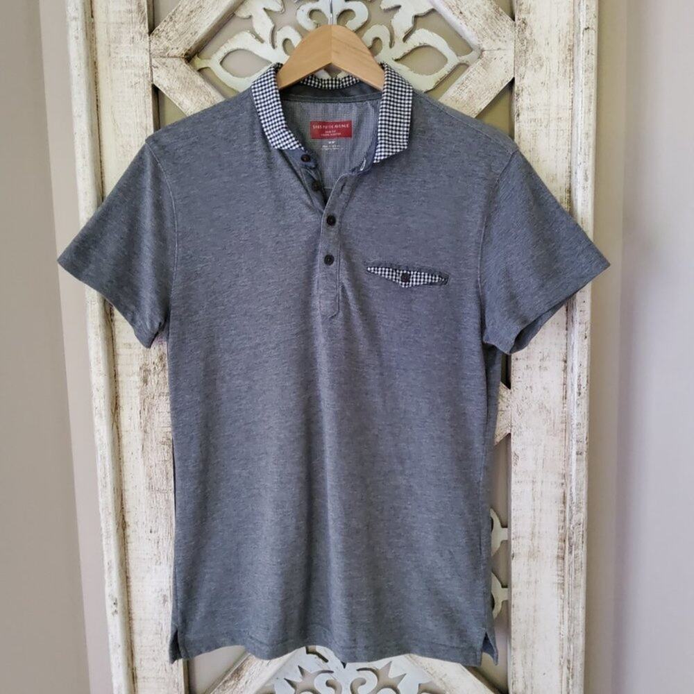 Saks Fifth Avenue Men's Size Medium Trim Fit Checkered Short Sleeve Polo Shirt
